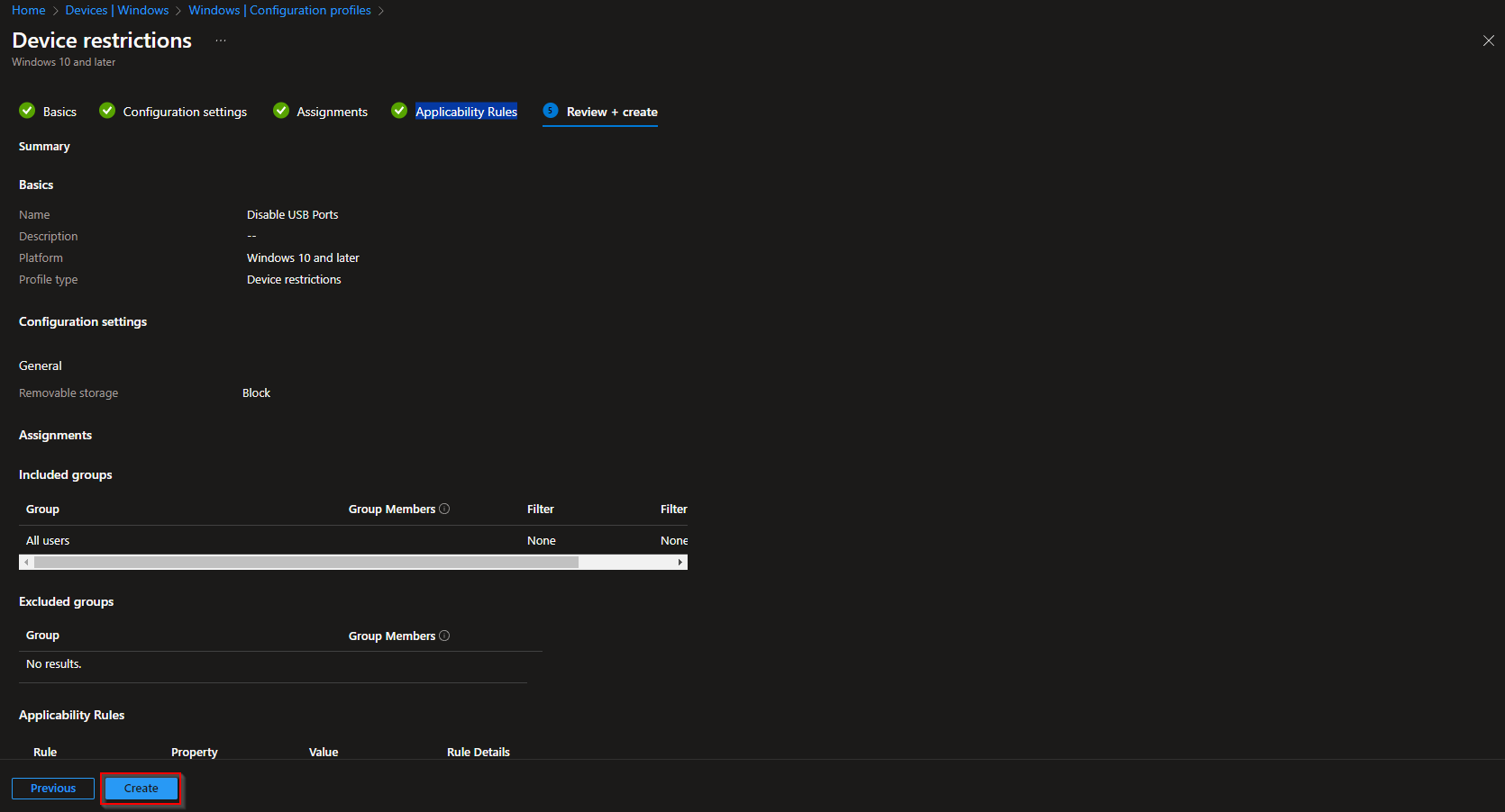 Review and create the configuration profile